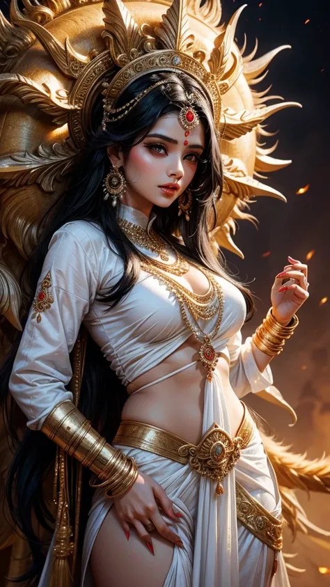 Sexy hindu female gods white outfit long black hair holding trishul nearly lion beautiful face full HD