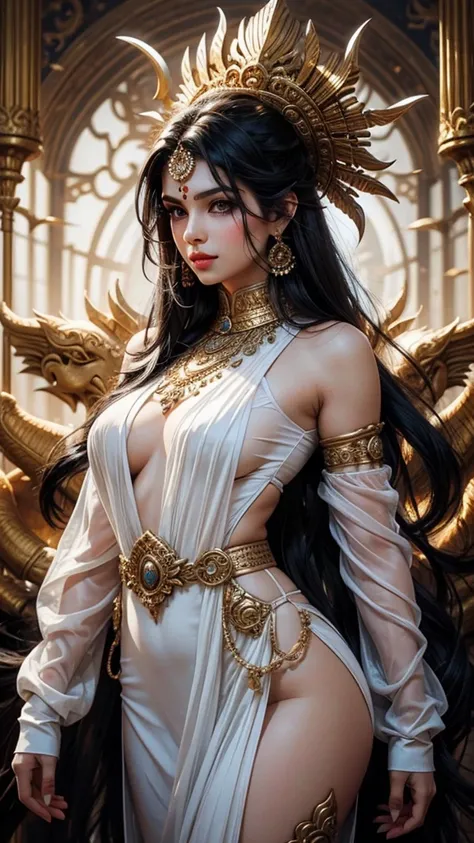 Sexy hindu female gods white outfit long black hair holding trishul nearly lion beautiful face full HD