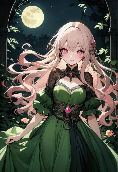 a beautiful princess with long light apricot hair, pink eyes, sly smile, sly, wearing a black and green dress, in a dark garden with a full moon in the night sky