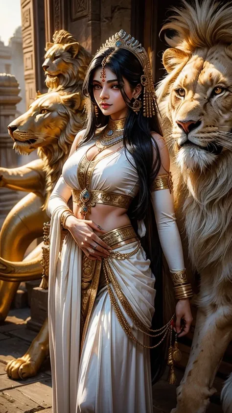 Sexy hot hindu female gods white outfit long black hair holding trishul nearly lion beautiful face full HD