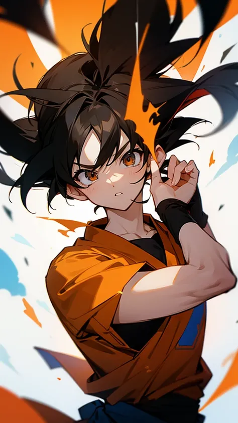 anime style, score_9, score_8_up, score_7_up, score_6_up, score_5_up, score_4_up, Son Goku, Goku&#39;s Face,Black orange kimono, Hand cross, Blurred Background, Angry expression, comics, Rope tied around the waist, masterpiece, 8K resolution , Muscular