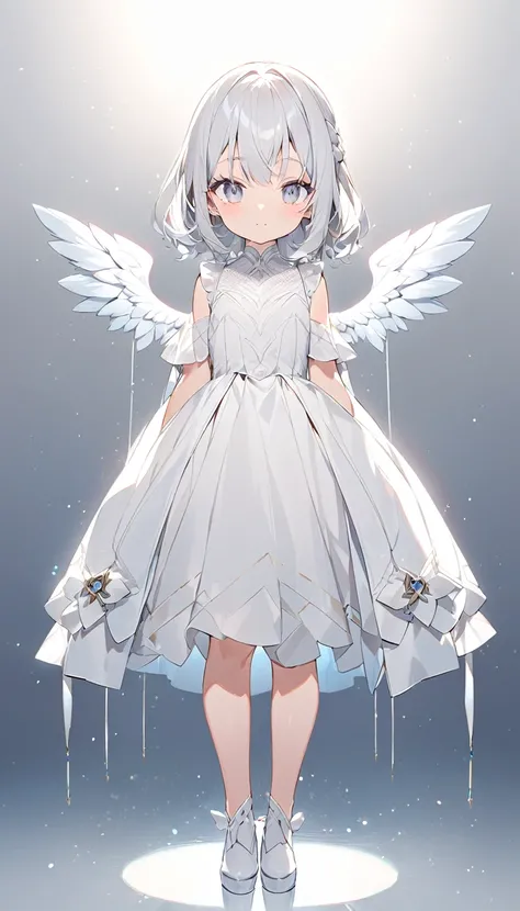 ultra-detalled　Cute little girl　Long white hair　Silver eye　White dress　Angel　Full body view　Standing posture