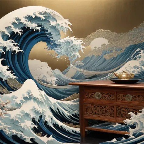 best quality,4k,highres,masterpiece:1.2,ultra-detailed,realistic:1.37,traditional Japanese art,ukiyo-e,carved patterns,(silver dragon-like wave),exquisite details,engraved lines,three-dimensional effect,meticulously crafted,majestic ocean waves,stunning ri...