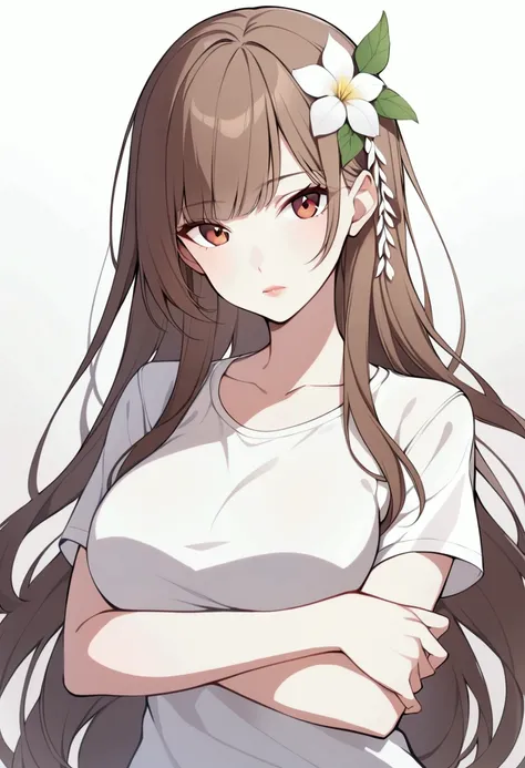 slender, mature female, 1girl, rating:safe, solo, long_hair, lips, collarbone, upper_body, hair_ornament, looking_at_viewer, brown_hair, closed_mouth, flower, red_eyes,  short_sleeves, brown_eyes, bangs, crossed_arms, breasts, hair_flower, white_shirt, shi...