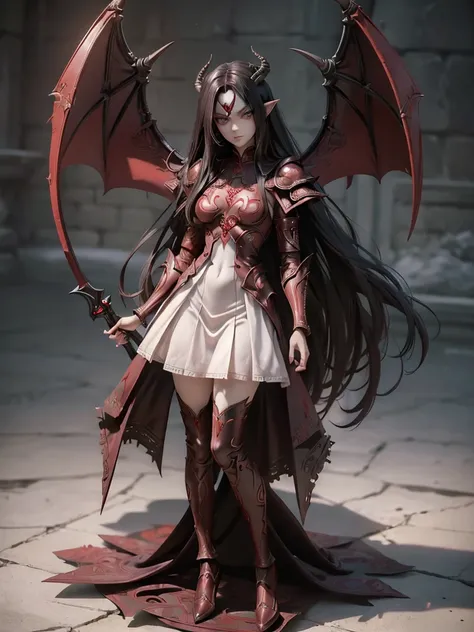 (((Best Quality))), (((Masterpiece))), ((Realistic)) ((full body shot)) slender cute  pale demon girl, pointing ears, (red colored eyes), (long black hair), wearing demon armor (intricate details:1.5) holding a giant demon stylish scythe.