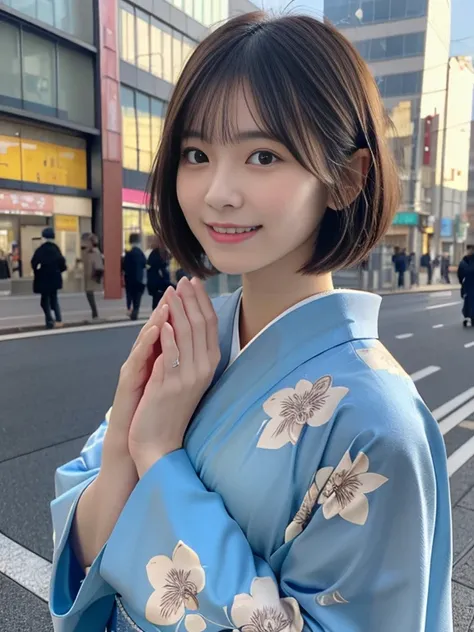 (She was wearing a beautiful and colorful blue kimono.、Close-up portrait of a short-haired woman with blunt bangs:1.5)、(A woman praying with her eyes open in a business district in Osaka:1.5)、(A business district under the winter sky:1.5)、(Perfect Anatomy:...