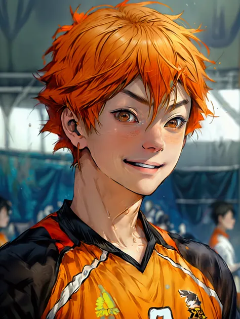 (Very realistic、concentrated、High resolution、Detailed face、Detailed Hair、Fine particles)、Official Art、Hinata Shoyang、 wallpaper、((1 boy))、Bright orange short hair、Light brown eyes、smile、Trendy clothes、sneakers、whole body、Naturally drooping hands、明るいsmile、O...