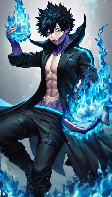 absurdres, highres, ultra detailed, HDR, master piece, best quality, extremely detailed face, delicated features, Dabi, black hair, expressive turquoise eyes, Boku No Hero Academia, solo, sexy man, handsome, smiling, black coat, black pants, black boots, f...