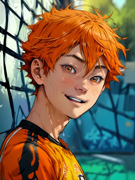 (Very realistic、concentrated、High resolution、Detailed face、Detailed Hair、Fine particles)、Official Art、Hinata Shoyang、 wallpaper、((1 male high school student))、Bright orange short hair、Light brown eyes、smile、Trendy clothes、sneakers、whole body、Naturally droo...