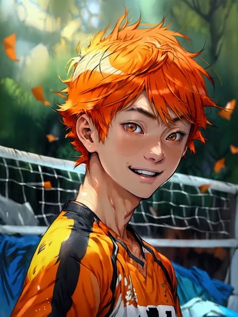 (Very realistic、concentrated、High resolution、Detailed face、Detailed Hair、Fine particles)、Official Art、Hinata Shoyang、 wallpaper、((1 male high school student))、Bright orange short hair、Light brown eyes、smile、Trendy clothes、sneakers、whole body、Naturally droo...