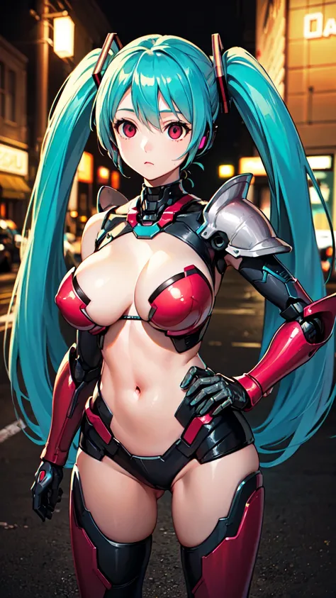 {{1 female},{{{{{Tabletop++, Highest quality++, Very detailed+, Ultra-high resolution,(Realistic:1.4)Cowboy Shot, Mecha Girl, hatsune miku, (Vocaloid)RAW Photos,(hatsune miku)+,(hatsune miku)+, (Vocaloid) Expressionless, Light blue hair, Red eyes ,clavicle...