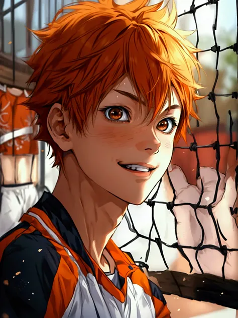 (Very realistic、concentrated、High resolution、Detailed face、Detailed Hair、Fine particles)、Official Art、Hinata Shoyang、 wallpaper、((1 boy))、Bright orange short hair、Light brown eyes、smile、Trendy clothes、sneakers、whole body、Naturally drooping hands、明るいsmile、O...