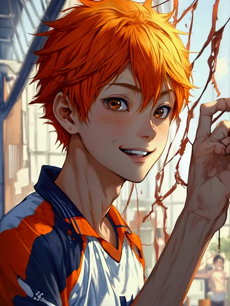 (Very realistic、concentrated、High resolution、Detailed face、Detailed Hair、Fine particles)、Official Art、Hinata Shoyang、 wallpaper、((1 boy))、Bright orange short hair、Light brown eyes、smile、Trendy clothes、sneakers、whole body、Naturally drooping hands、明るいsmile、O...
