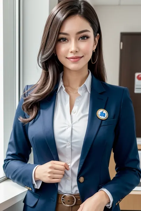 I want a human character for a bank to guide the customer journey Brazilian characteristics and executive clothing that is not sensual with the Daycoval bank logo, you can put a blazer in the background with blue and white colors, 