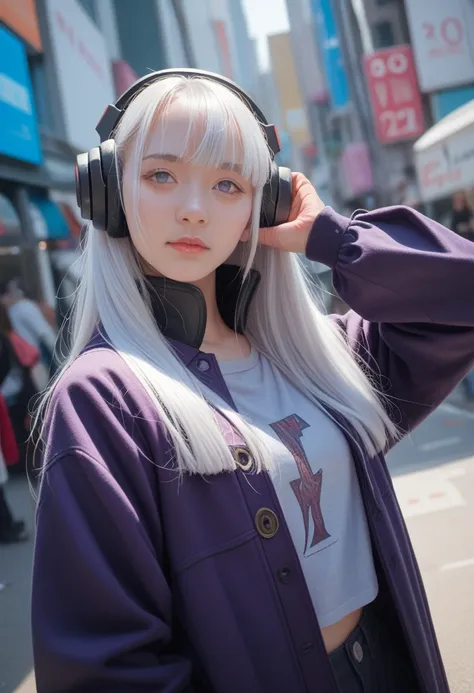 1 Girl, White hair, Long hair, A masterpiece of technical clothing, best quality, Practical, realism, Dark purple jacket, portrait, Delicate eyes, Put on your headphones, Platinum Hair, 21 year old girl, Fashion pose, Half Body, Wide-angle shooting, on the...