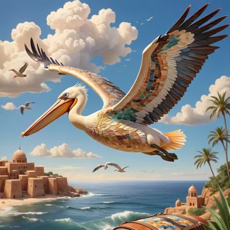 made with moroccan mosaic print, concept art, pelican flying in the natural sky, the pelican is carrying the postman&#39;s bag i...