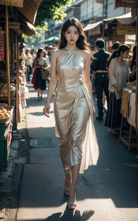 Full body circa 1800 Fairy tale movie scene Beautiful Korean princess walking in an Indian market in a bright flowing dress Long black hair Realistic skin texture Vivid colors Crafted textures Romantic oriental feel