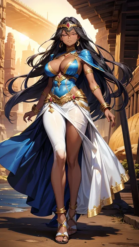 Dark-skinned adult woman with long straight hair, huge breasts，Gold ruby forehead protector，Squinting eyes，Blue silk clothing，silver bracelet，cleavage，briefs，transparent long skirt，Bare Legs，sandals，river，desert