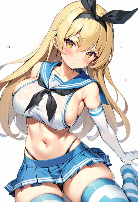 rensouhou-chan, shimakaze (kancolle), 1girl, solo, long hair, breasts, looking at viewer, blush, skirt, blonde hair, large breasts, simple background, hair ornament, thighhighs, gloves, white background, navel, hair between eyes, closed mouth, underwear, ,...