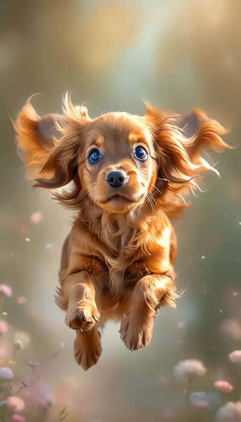 a cute and sweet flying puppy, adorable puppy, 1 puppy, cute puppy, playful puppy, puppy with wings, fantasy puppy, capricious l...