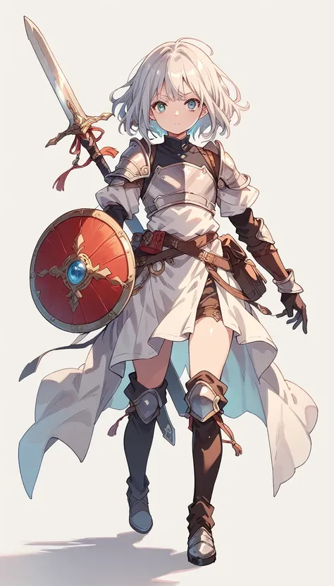 full body, A young adventurer, femboy, medium hair, light armor, one-handed sword, round shield, highly detailed, intricate,fantasy,girly,(simple background:1.3)