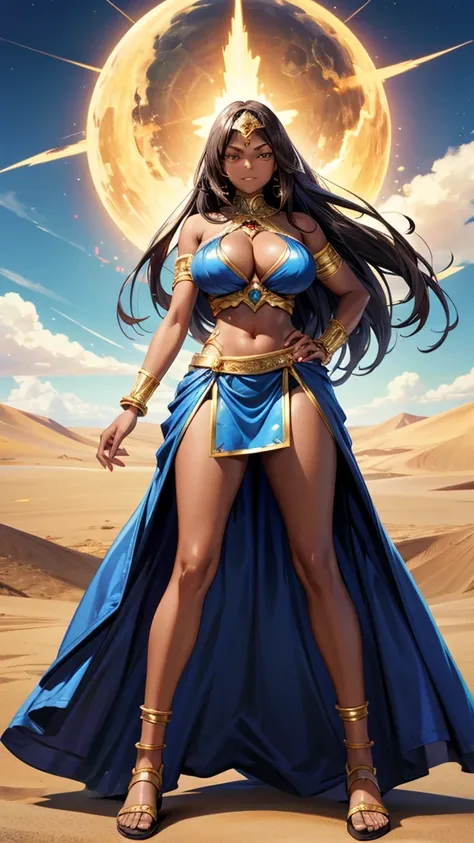 Dark-skinned adult woman with long straight hair, huge breasts，Gold ruby forehead protector，Squinting eyes，Blue silk clothing，Bare shoulders，Bracelet，cleavage，briefs，transparent long skirt，Bare Legs，sandals，Standing，river，desert