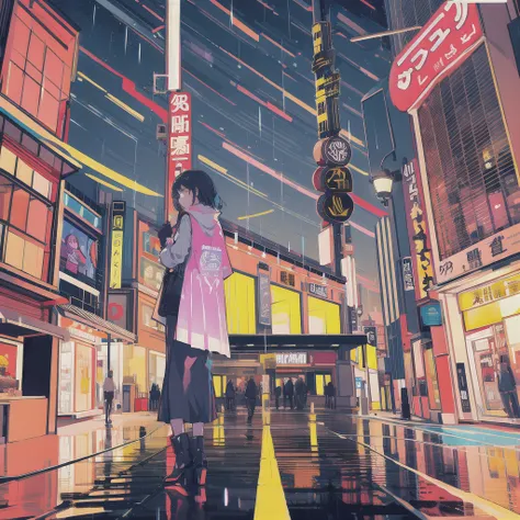 A girl is holding an umbrella and walking on a zebra crossing high in the sky. You can see the city sky is very clear and it has just finished raining.