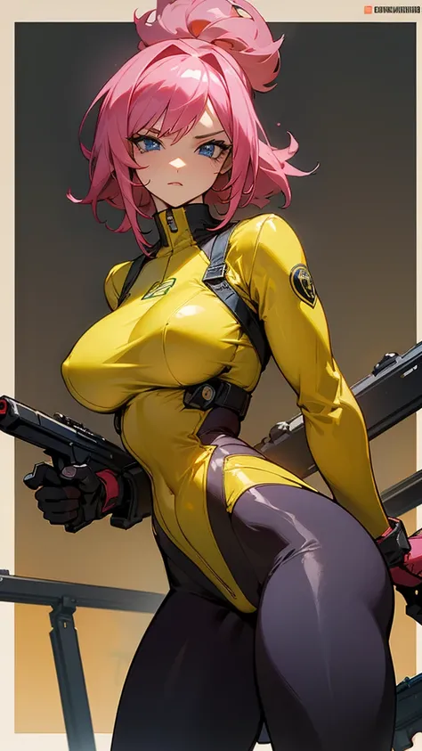 Seios fake, Mature woman with serious look, Facial Focus, big pink hair, shining blue eyes, wearing a mustard yellow jumpsuit with big capuz,  breasts big, looking 35 years old, eye on the spectator, look to the camera, , the background is a cyberpunk batt...