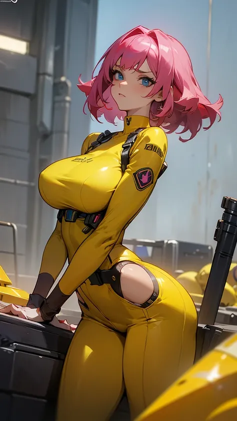 Seios fake, Mature woman with serious look, Facial Focus, big pink hair, shining blue eyes, wearing a mustard yellow jumpsuit with big capuz,  breasts big, looking 35 years old, eye on the spectator, look to the camera, , the background is a cyberpunk batt...