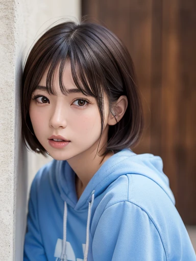 (masterpiece:1.3), (8k, Realistic, RAW Photos, Highest quality: 1.4)、White wall、Close-up of an 18-year-old woman in a blue T-shirt, Roll up your hoodie、Medium Short Hair、Yoshitomo Nara, shikamimi, Chiho, mayuri shiina, A real young gravure idol, beast, , K...