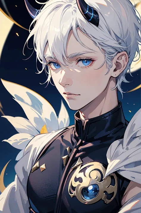 Male, man, very short hair, white hair, dark blue eyes, very pale skin, dark blue horns, horns, pointy ears, armour, fantasy