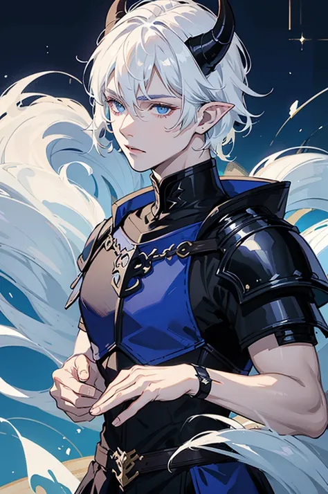 Male, man, very short hair, white hair, dark blue eyes, very pale skin, dark blue horns, horns, pointy ears, armour, fantasy