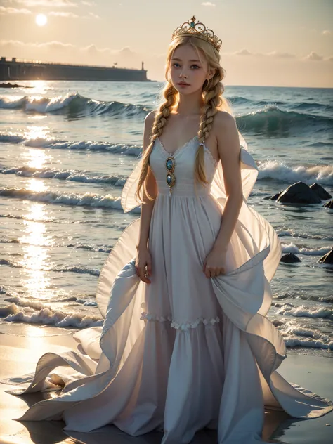 ,((best quality best))),8k,((masterpiece)),(very delicately beautiful), There was a girl coming out of the sea, Swan princess in Russian mythology, beautiful and calm face, eblue eyes, braided long blonde hair, Moon pigtails on the back of the head, Shiny ...