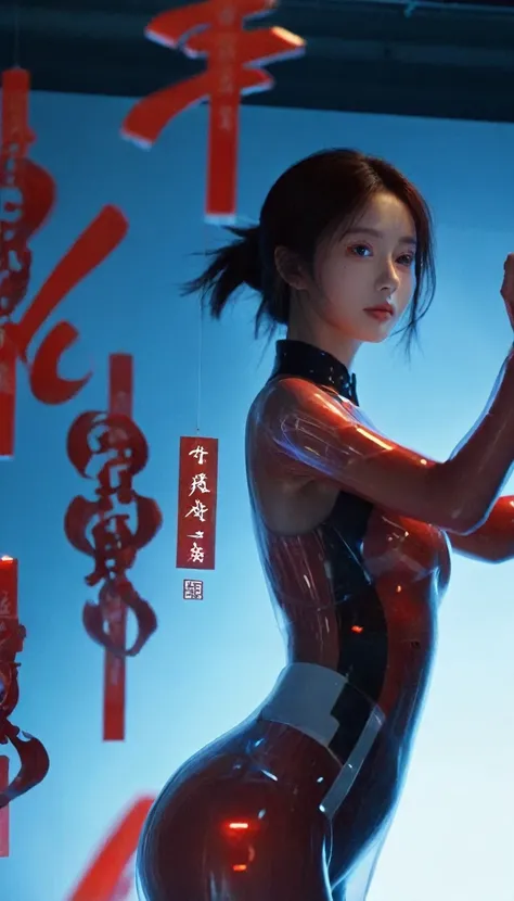 One girl,(Surrounded by Rotate transparent red scrolls),Floating transparent red kanji,dynamic,Rotate,A man standing in the air,Not looking at the camera,Writing calligraphy,alone,blue eyes,Holding,arms,Holding arms,Shine,robot,Mecha,Open_hand,V-fin,Cinema...