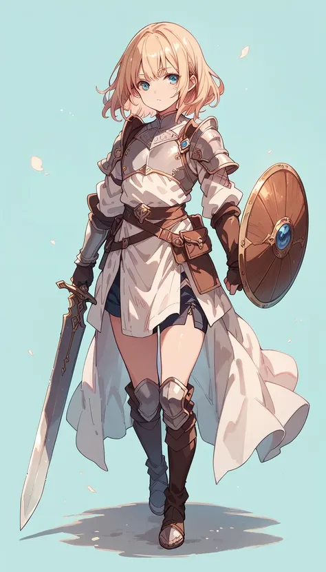 full body, a young adventurer, femboy, medium hair, light armor, one-handed sword, round shield, highly detailed, intricate,fant...