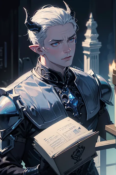 a muscular man with very short white hair, dark blue eyes, very pale skin, dark blue horns, horns, pointy ears, wearing ornate fantasy armor, dramatic lighting, dark blue and gray color palette, highly detailed, intricate, cinematic camera angle, dramatic ...