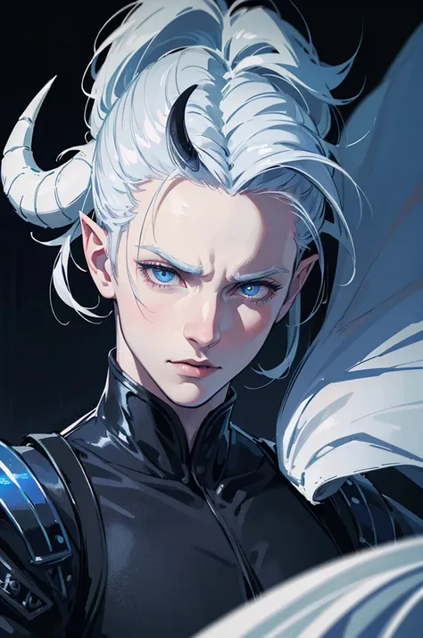 a muscular man with very short white hair, dark blue eyes, very pale skin, dark blue horns, horns, pointy ears, wearing ornate fantasy armor, dramatic lighting, dark blue and gray color palette, highly detailed, intricate, cinematic camera angle, dramatic ...