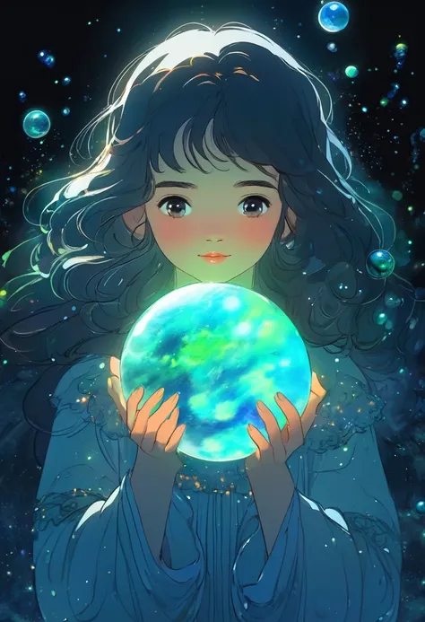 A girl holds a planet in her hands，Close-up，Glowing fluorescent feeling，transparency，dream，Monet&#39;s color scheme，Matte texture，high quality，a high resolution，Red Rose，BLUE，neon lights，space background