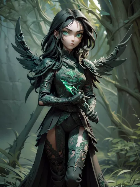 (((Best Quality))), (((Masterpiece))), ((Realistic)) ((full body shot)) slender cute angel girl, (green colored eyes), (short stylish black hair), wearing heavenly armor (intricate details:1.5) holding a godly sword(intricate details:1.5).