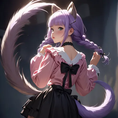  (Cute a girl:1.5), (a girl with closs hair pin, pale purple hair, wavy two braids, blunt bangs hair, green and black eyes, closs hair pin,
pink shirt,cosplay, jirai kei, bangs, black skirt, black bow, looking at viewer, bow, long sleeves, choker, ribbon, ...