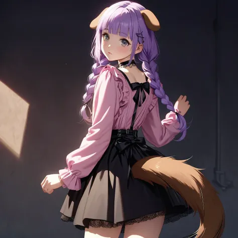  (Cute a girl:1.5), (a girl with closs hair pin, pale purple hair, wavy two braids, blunt bangs hair, green and black eyes, closs hair pin,
pink shirt,cosplay, jirai kei, bangs, black skirt, black bow, looking at viewer, bow, long sleeves, choker, ribbon, ...