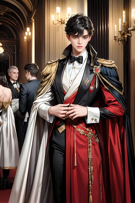 
masterpiece, 最high quality, high quality, 1 boy, alone, Male focus, Watching the audience,  Messy black hair, Adorable big blue eyes, White, Noble, Noble,A sexy, voluminous, puffy cape、tuxedo、A very voluminous, large, very large, very large, long, long re...