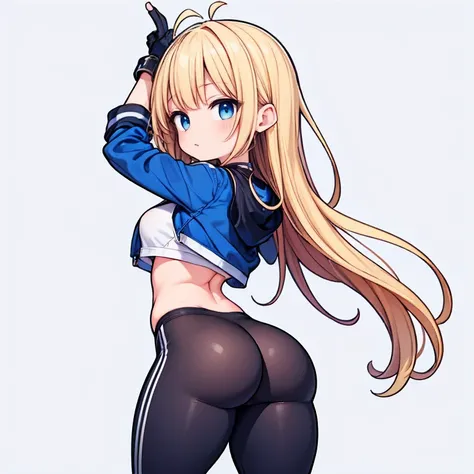 Anime Kawaii sexy Perfect Slim sensual body large breast and huge thighs, An intricate and highly detailed illustration of anime (Young girl) Blonde girl sf6, black sports well, choker, 1 girl, standing alone, clothes open, black pants, looking ahead at vi...