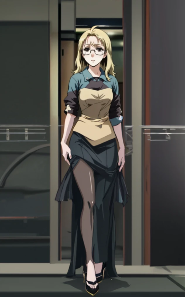 anime image of a woman with glasses and a dress, female anime character, as an anime character, anime visual of a young woman, anime character, long straight skirt, black tight skirt, shirt, black high heels, standing