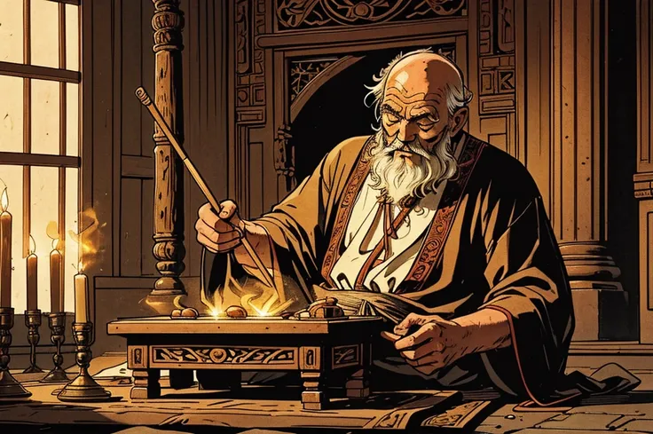 Make a picture of an old man 2000 years ago from the bibel. He is inside an temple to light fragrant incense on an incense altar. 