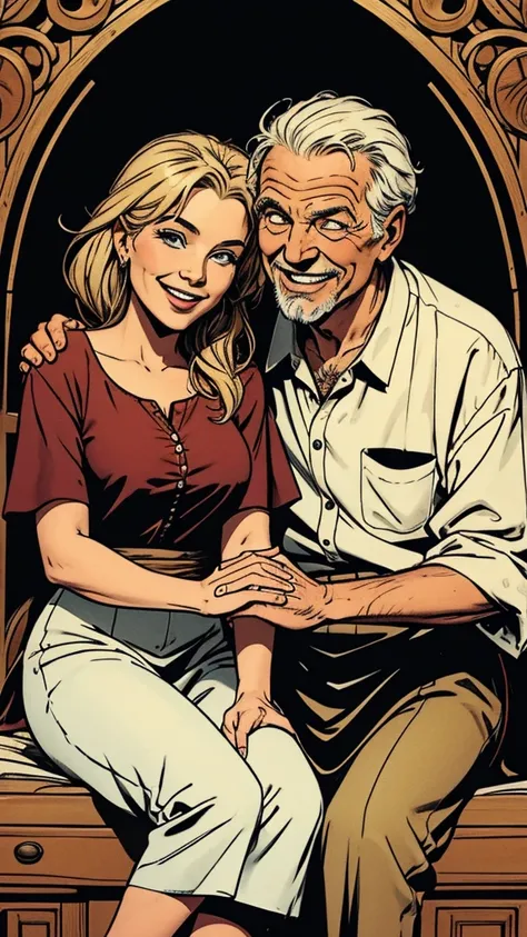 Make a picture of an old man with his old wife from the bibel. Both smiling, being very close to each other