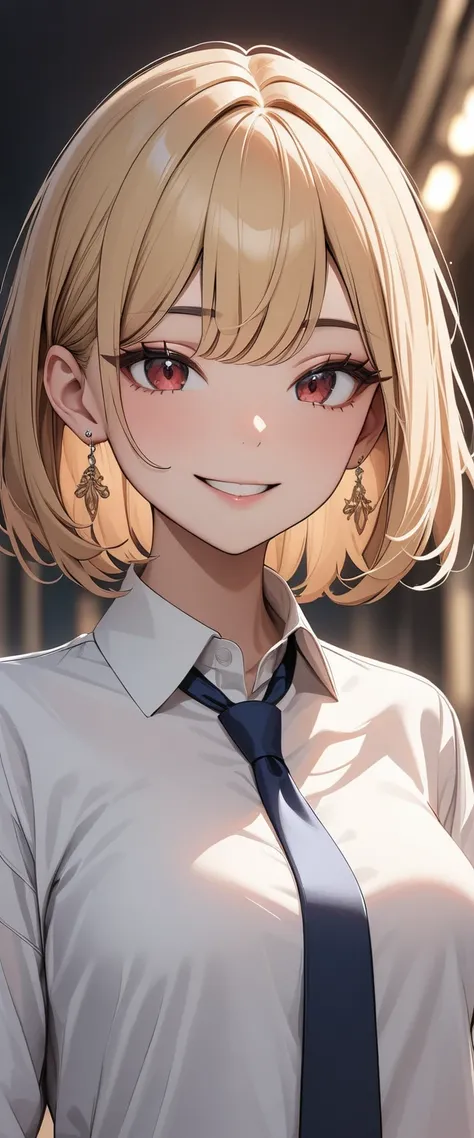 (masterpiece, Highest quality, でvery aesthetic, Super detailed), Intricate details,
One girl, Blonde, Red gradient, Bobcut, Red eyes, Collared shirt, White shirt, Earrings, Blue tie, smile, looking at viewer, Upper Body,