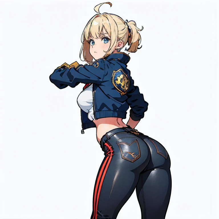 Anime Kawaii sexy Perfect Slim sensual body large breast and huge thighs, An intricate and highly detailed illustration of anime (Young girl) Blonde girl sf6, black sports well, choker, 1 girl, standing alone, clothes open, black pants, looking ahead at vi...