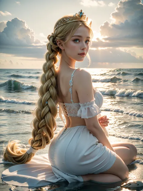 ,((best quality best))),8k,((masterpiece)),(very delicately beautiful), There was a girl coming out of the sea, Swan princess in Russian mythology, beautiful and calm face, eblue eyes, braided long blonde hair, Moon pigtails on the back of the head, Shiny ...