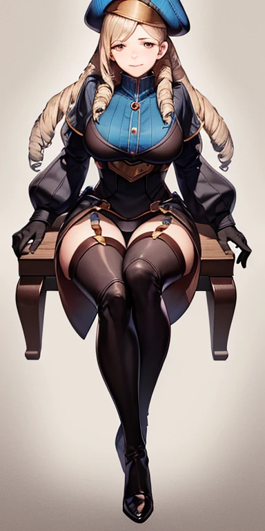 (4k, Prominence in Masterpiece, High Quality, Best Quality: 1.2) full body, 1  female, solo, 1 girl, lustful smirking smile blush, looking at viewer, sitting on chair with legs crossed, big black thighs stocking, big breasts (cover with blue) ((SFW)), hand...